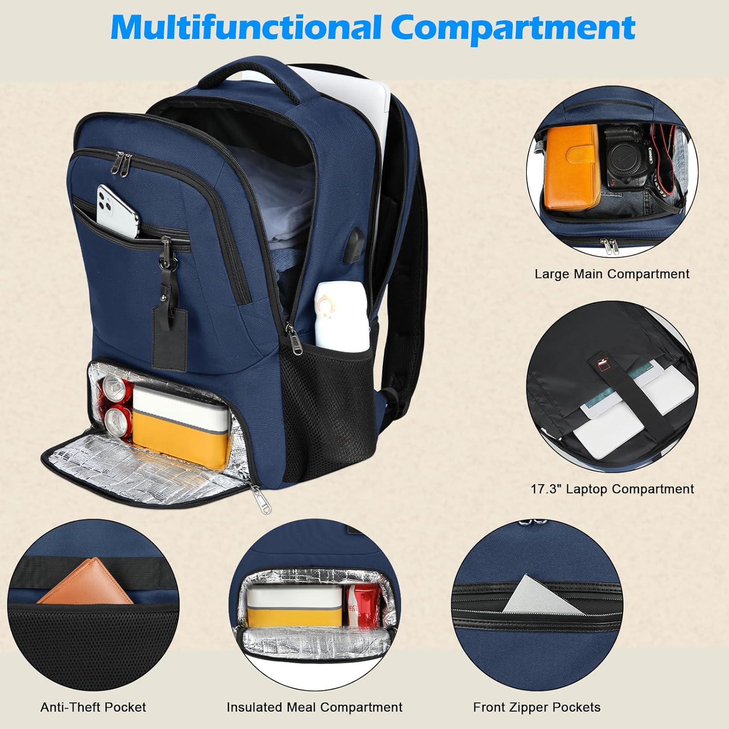 Wasserdichter Laptop- und Lunch-Rucksack mit USB-Anschluss – Multikompartiment-Reisetasche