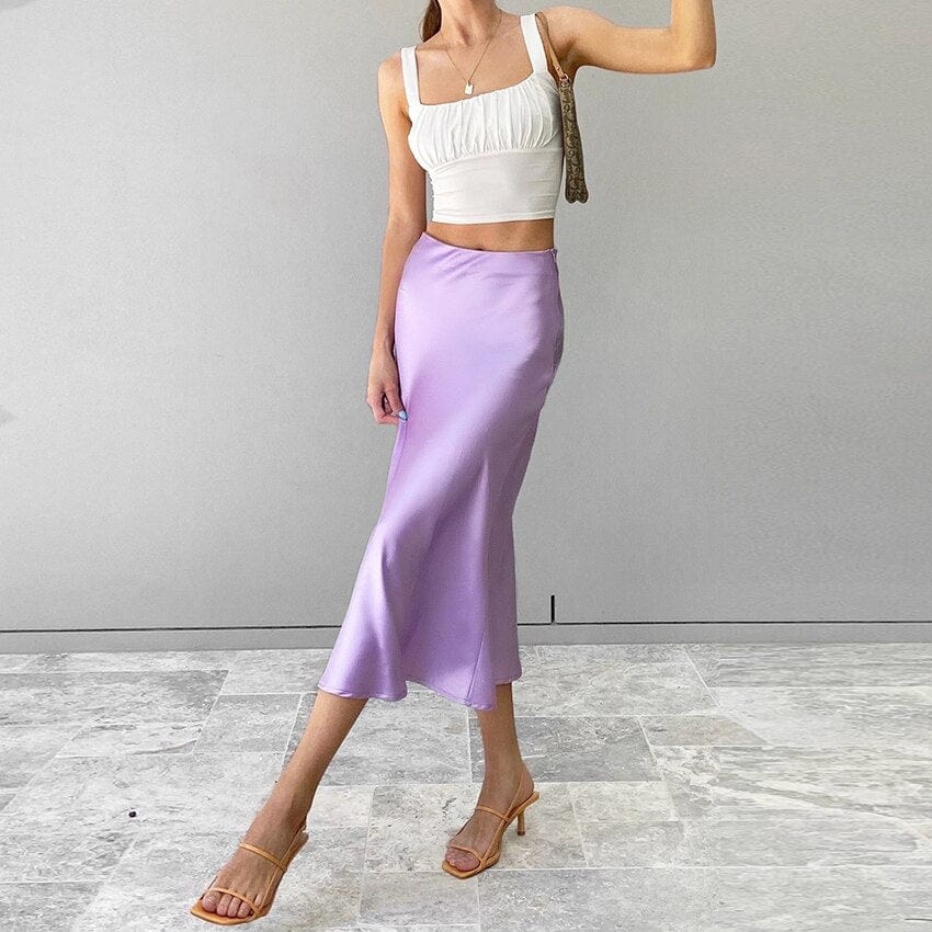 Satinschimmernder Damen Midirock in A-Linie mit hoher Taille – Liora