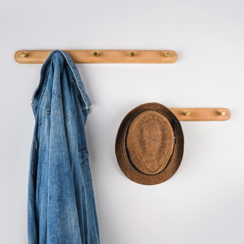 Wall-mounted wooden coat rack with brass hooks - LignaHook