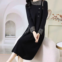 Schwarzes Damenkleid mit Stickerei, langärmelig, elegantes Design, Herbstmode.