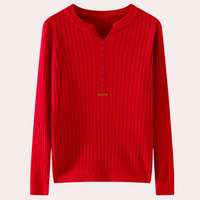 Roter Strickpullover, Damen, Langarm, Knopfleiste, Baumwolle, modisch, bequem, Herbstmode.