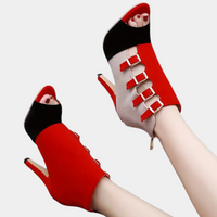 Damen High Heels, rot-schwarz, Peep-Toe, Schnallen, elegantes Design, modische Schuhe.