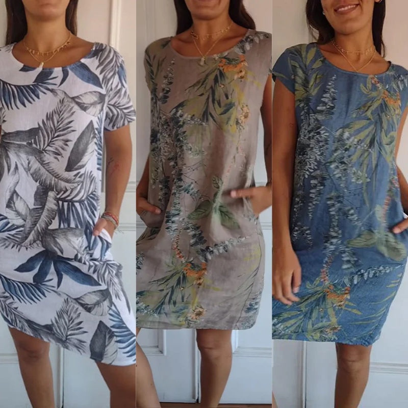 Botanisches Sommerkleid mit Rundhals & floraler A-Linienform – Elvira