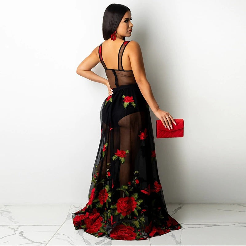 Maxikleid mit Blumenstickerei und Spaghettiträgern – Rosalie