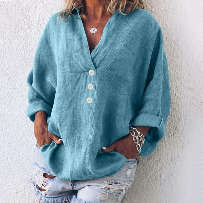 Luftige Damen Leinenbluse mit Knopfleiste und V-Ausschnitt – Elodie