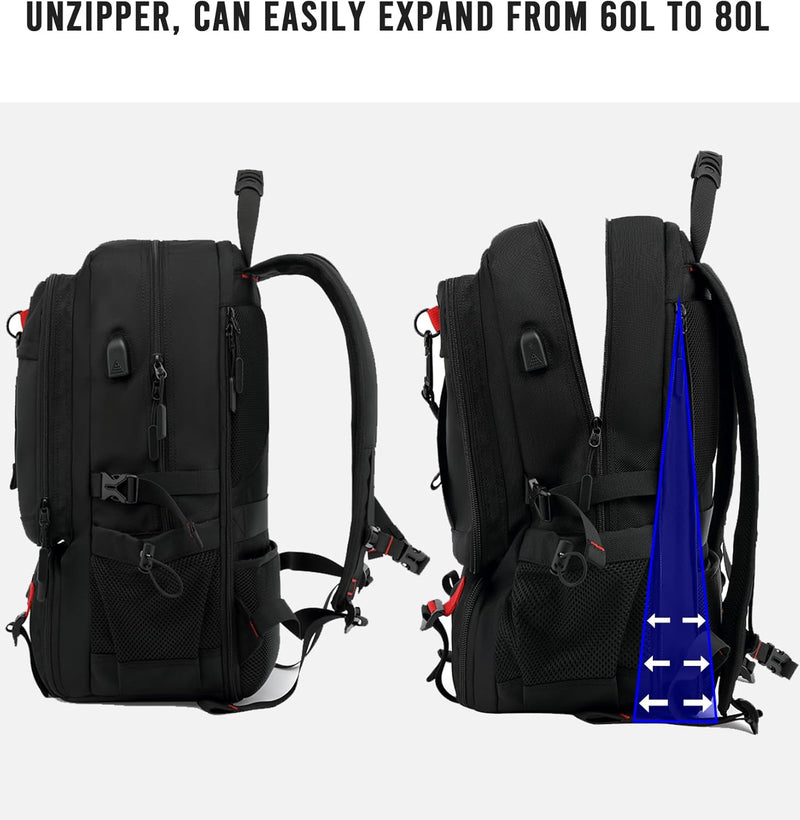 60L Wasserdichter Reiserucksack mit USB-Anschluss und Schuhfach