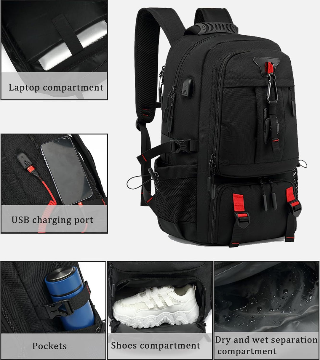 60L Wasserdichter Reiserucksack mit USB-Anschluss und Schuhfach