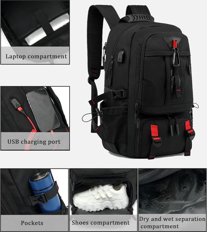 60L Wasserdichter Reiserucksack mit USB-Anschluss und Schuhfach