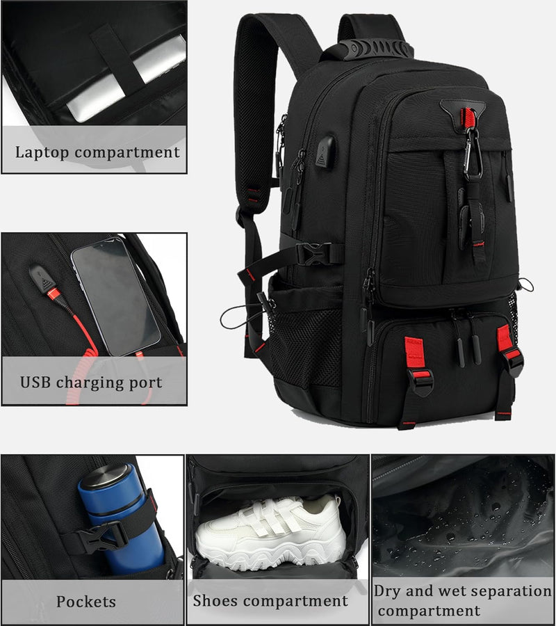 60L Wasserdichter Reiserucksack mit USB-Anschluss und Schuhfach