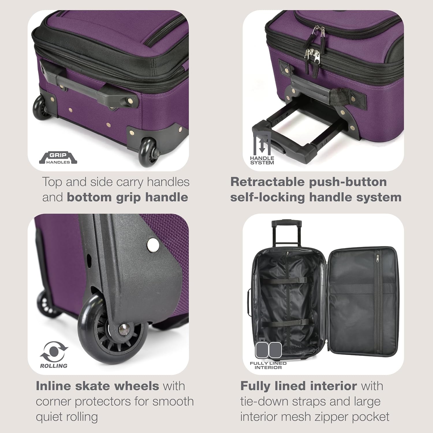 2-teiliges weiches Handgepäck-Set mit erweiterbarem Design und Skate-Rollen