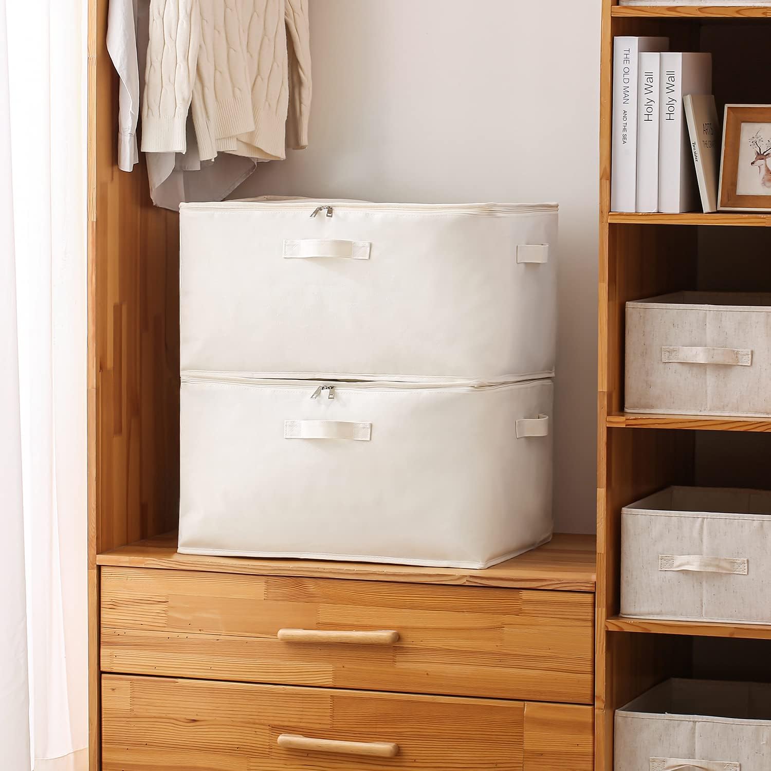 Canvas Kleideraufbewahrungs-Organizer Set – Doppelte Reißverschlusstasche mit Griffen und Sichtfenster