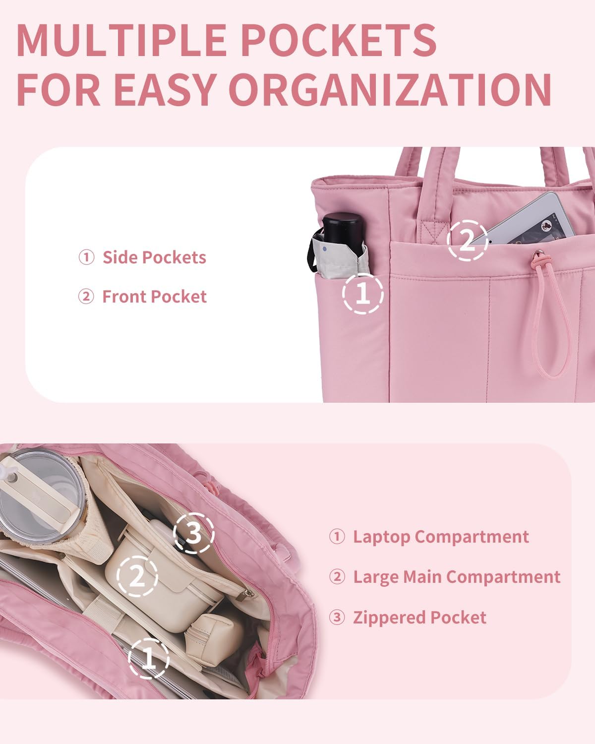Gepolsterte Puffer Tote mit Becherhalter und Laptopfach für Reisen und Arbeit