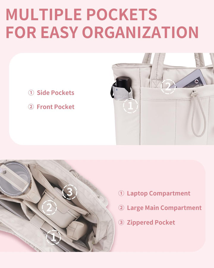 Gepolsterte Puffer Tote mit Becherhalter und Laptopfach für Reisen und Arbeit