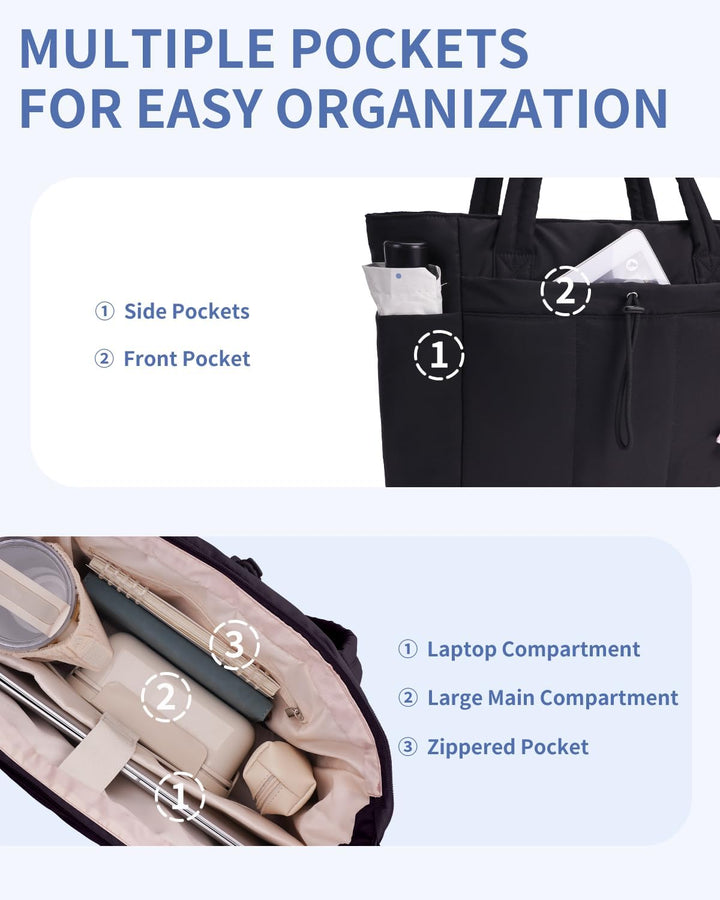 Gepolsterte Puffer Tote mit Becherhalter und Laptopfach für Reisen und Arbeit