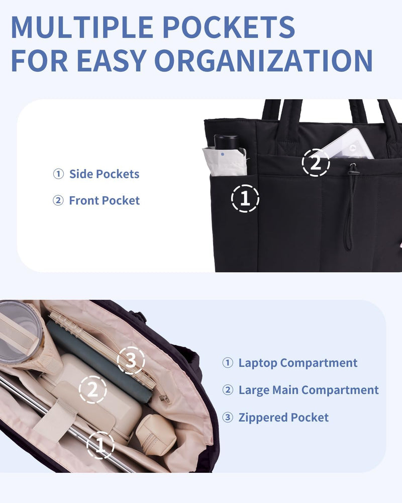 Gepolsterte Puffer Tote mit Becherhalter und Laptopfach für Reisen und Arbeit