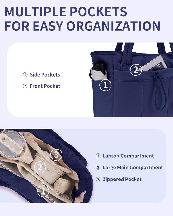 Gepolsterte Puffer Tote mit Becherhalter und Laptopfach für Reisen und Arbeit