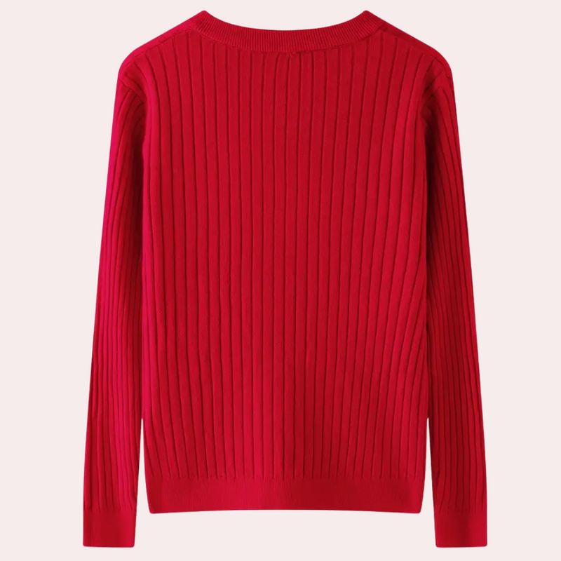Roter Strickpullover, gerippt, langärmelig, aus Baumwolle, modisch, bequem, für Damen.