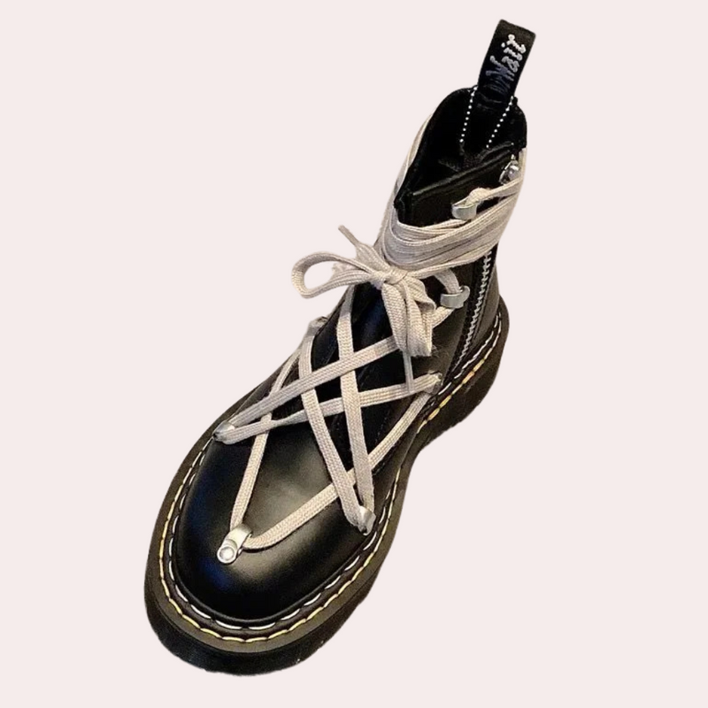 Schwarzer Lederstiefel mit weißen Schnürsenkeln, Reißverschluss, robuste Sohle, modisch, unisex.