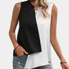 Ärmellose Damenbluse, schwarz-weiß, asymmetrisch, lässig, Sommermode, Baumwolle.