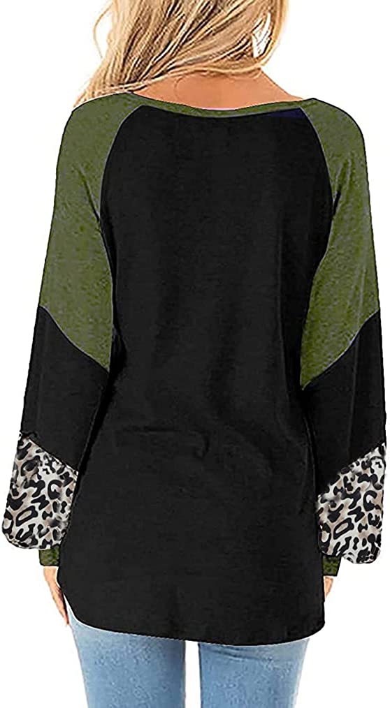 Naggoo Womens Farbe Block Leopard Rundhalsausschnitt Langarm lässig lose Tunika Shirts Tops Sweatshirt