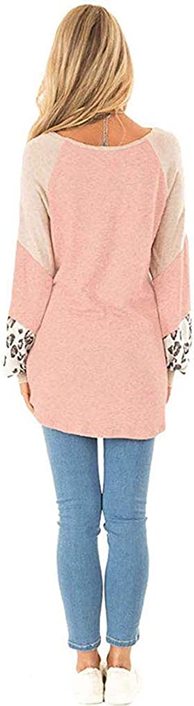 Naggoo Womens Farbe Block Leopard Rundhalsausschnitt Langarm lässig lose Tunika Shirts Tops Sweatshirt